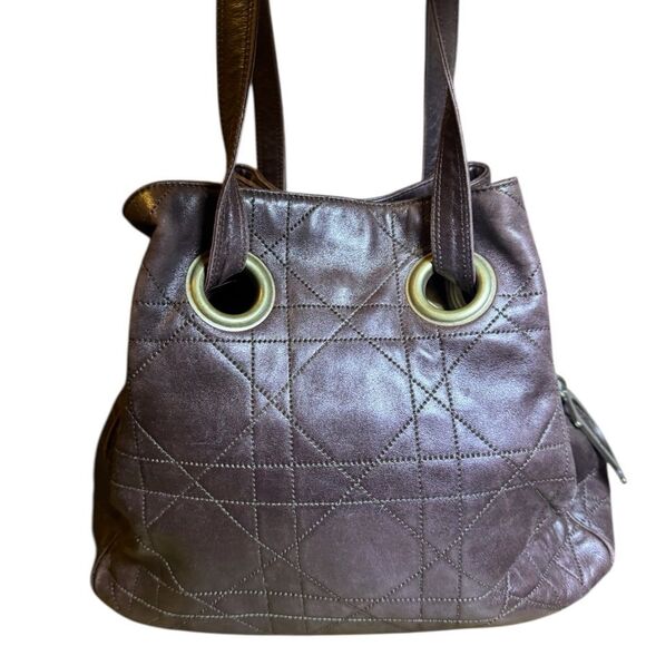 Christian Dior Brown Quilted Cannage Leather Small Hobo Bucket Shoulder Bag Auth - Picture 6 of 14